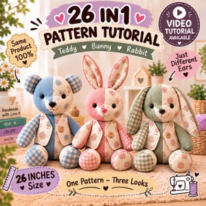 Può includere: Tre peluche raffiguranti un orsetto, un coniglietto e una lepre, ciascuno di 66 cm. I giocattoli sono realizzati in tessuto patchwork con motivi floreali e a quadri blu, rosa e verdi, ognuno dei quali indossa un piccolo gilet con un bottone.