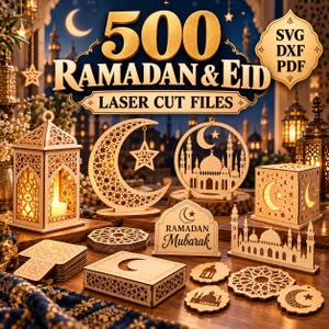 Könnte beinhalten: Eine Sammlung von 500 Lasercut-Dateien für Ramadan und Eid in den Formaten SVG, DXF und PDF. Das Set enthält dekorative Holzobjekte wie Laternen, Mondsicheln mit Sternen, Moschee-Silhouetten, Untersetzer und Schachteln mit geometrischen Mustern.