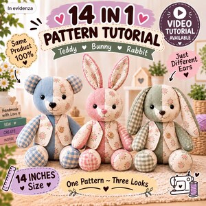 14 Inch Memory Bear Sewing Pattern, Teddy Bunny Rabbit Tutorial, Memorial Keepsake from Clothes, Complete Video Tutorial, PDF Download