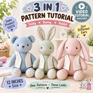 Può includere: Tre peluche da 30,48 cm tra cui un orsetto blu, un coniglietto verde e un coniglio rosa, tutti con gilet bianchi. L'immagine contiene il testo 3 IN 1 PATTERN TUTORIAL, Same Product 100%, Just Different Ears, e One Pattern ~ Three Looks.