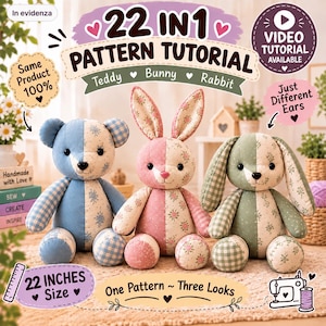 Patron de couture d'un ours en peluche de 56 cm (22 pouces), tutoriel pour ours en peluche et lapin, souvenir commémoratif réalisé à partir de vêtements, tutoriel vidéo complet.