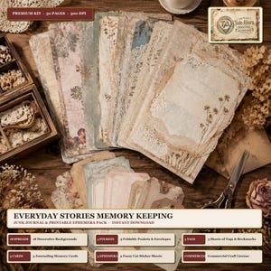 Può includere: Un kit di junk journal digitale intitolato Everyday Stories Memory Keeping, contenente 30 pagine di carta in stile vintage con motivi floreali, in pizzo e botanici, inclusi sfondi decorativi, tasche, buste, etichette e cartoline.