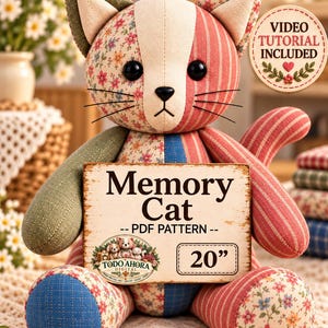 Patron de couture PDF pour chat souvenir, peluche chat commémorative de 51 cm (20 pouces), motif chat assis, cadeau de sympathie en cas de deuil animalier.