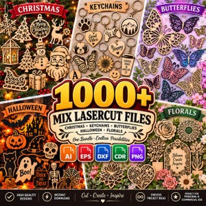 Puede incluir: Una colección digital de más de 1000 archivos de corte láser con diversos diseños que incluyen adornos navideños, llaveros, mariposas, motivos de Halloween y patrones florales, junto con iconos de formatos AI, EPS, DXF, CDR y PNG.