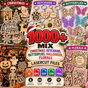 Pode incluir: Uma coleção digital de mais de 1000 arquivos de corte a laser com vários temas, incluindo enfeites de Natal, chaveiros, borboletas, decorações de Halloween e designs florais, com ícones de formatos AI, EPS, DXF, CDR e PNG.