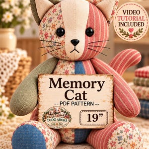 Memory Cat Sewing Pattern PDF, 19 Inch 48cm Memorial Keepsake Cat Plush from Clothing, Sitting Kitty Pattern, Pet Loss Sympathy Gift