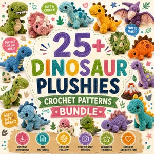 Dinosaur Crochet Patterns Bundle, Cute Dino Amigurumi & Plushie Patterns PDF, Instant Digital Download