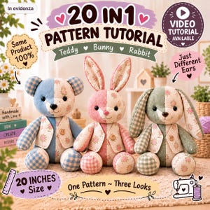 Patron de couture d'un ours en peluche de 50 cm (20 pouces), tutoriel pour ours en peluche et lapin, souvenir commémoratif réalisé à partir de vêtements, tutoriel vidéo complet.