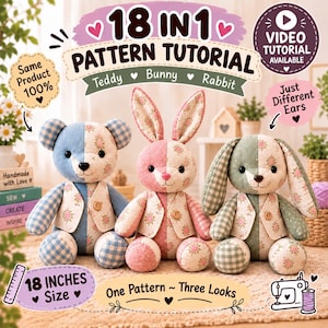 18 Inch Memory Bear Sewing Pattern, Teddy Bear Bunny Rabbit Tutorial, Memorial Keepsake Gift from Clothes, Complete Video Sewing Tutorial