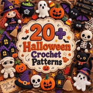 Può includere: Una collezione di oggetti di Halloween all'uncinetto tra cui una strega, un fantasma, uno scheletro, una mummia, un gatto nero, zucche, un calderone e una lanterna attorno a un cartello centrale con scritto 20+ Halloween Crochet Patterns.