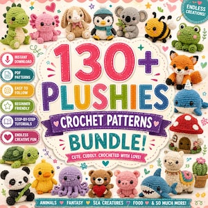 Può includere: Una copertina di un libro di modelli digitali intitolata 130+ PLUSHIES CROCHET PATTERNS BUNDLE! con figure amigurumi colorate tra cui un dinosauro verde, un axolotl rosa, un coniglio marrone, un pinguino, un koala, un'ape e una volpe.