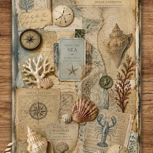 Pode incluir: Um kit digital de suprimentos para junk journal intitulado Coastal Sea & Shells com 30 páginas imprimíveis. O design inclui mapas náuticos de estilo vintage, ilustrações de conchas, uma bússola, uma lagosta e vários textos descritivos.