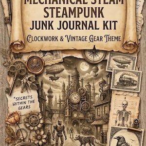 Puede incluir: Un kit de diario basura digital con un encabezado de pergamino con el texto Todo Ahora Digital Mechanical Steam Steampunk Junk Journal Kit Clockwork & Vintage Gear Theme. El diseño incluye ilustraciones en tonos sepia de dirigibles, una torre de reloj, un robot, un esqueleto y un cuervo, con etiquetas de texto adicionales como Secrets Within The Gears y 10 Printable Pages.