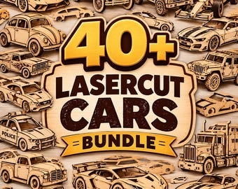 Puede incluir: Una colección de modelos de vehículos de madera clara cortados con láser, incluyendo coches deportivos, camiones y automóviles clásicos, dispuestos alrededor de un letrero central que dice 40+ LASERCUT CARS BUNDLE en letras negras y doradas.