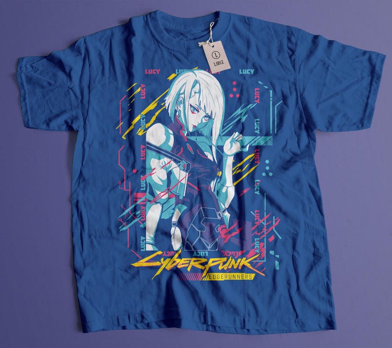 May include: Blue t-shirt featuring a graphic of a female anime character with white hair and red eyes. The design includes the text "LUCY" and "CYBERPUNK EDGERUNNERS" in a futuristic font. A tag with the size "LARGE" is attached.