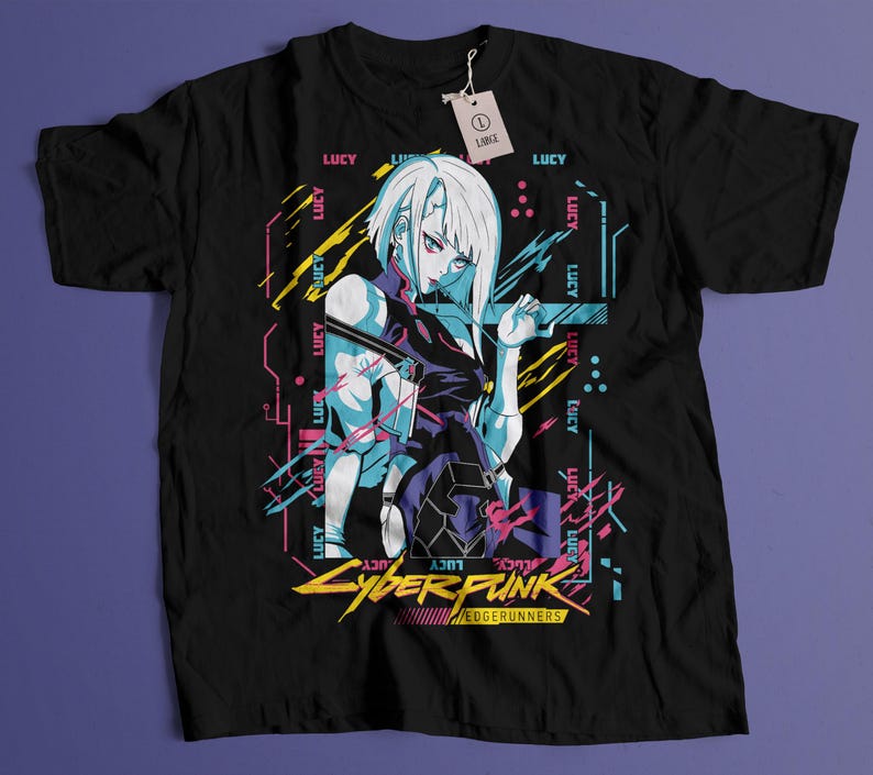 May include: Black t-shirt featuring a colorful anime-style illustration of a female character with white hair and a futuristic outfit. The shirt includes the text "LUCY" and "CYBERPUNK EDGERUNNERS" in a neon style.
