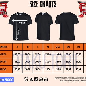 Puede incluir: Tabla de tallas para camisetas negras, con medidas de ancho, largo y manga en cent&iacute;metros. Tallas desde la S hasta la 5XL. El texto "SIZE CHARTS" est&aacute; en la parte superior y "Gildan 5000" en la inferior.