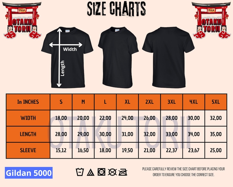 Puede incluir: Tabla de tallas para camisetas negras, con medidas de ancho, largo y manga en cent&iacute;metros. Tallas desde la S hasta la 5XL. El texto "SIZE CHARTS" est&aacute; en la parte superior y "Gildan 5000" en la inferior.
