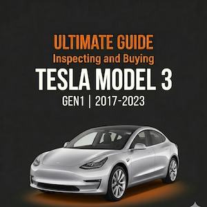 May include: A silver Tesla Model 3 car is shown beneath the text "ULTIMATE GUIDE Inspecting and Buying TESLA MODEL 3 GEN1 | 2017-2023" on a black background. The car is angled to the left, displaying its front and side.