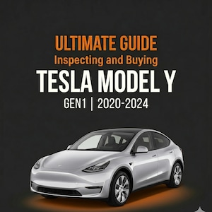 May include: A silver Tesla Model Y car is shown with the text "ULTIMATE GUIDE Inspecting and Buying TESLA MODEL Y GEN1 | 2020-2024" in orange and white font against a dark background. The car is positioned at the bottom of the image.