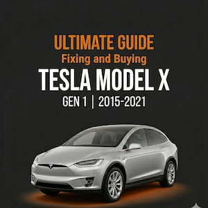 Op de afbeelding: Een zilverkleurige Tesla Model X-auto op een zwarte achtergrond. De afbeelding bevat de tekst "ULTIMATE GUIDE Fixing and Buying TESLA MODEL X GEN 1 | 2015-2021".