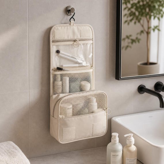 Women's Hanging Travel Toiletry Bag – Waterproof Foldable Makeup Organizer with Hook, Large Cosmetic Bag, Travel Bathroom Bag