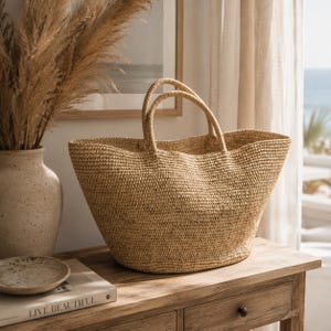 Può includere: Una grande borsa tote aperta realizzata in paglia intrecciata color marrone chiaro. La borsa presenta una silhouette ampia e curva con due manici arrotondati e robusti fissati al bordo superiore. La trama è uniforme, con un intreccio fitto.