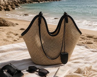 Borsa tote grande da donna in paglia intrecciata – Borsa a tracolla boho da spiaggia con finiture in pelle e pochette interna, borsa da viaggio estiva