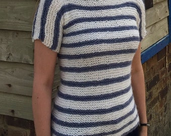 May include: A striped knit top with a boat neck and short sleeves. The top is white and blue.