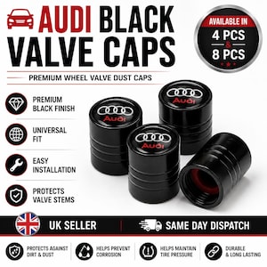 Puede incluir: Tapones de válvula Audi negros y cilíndricos con acabado brillante, que presentan el logotipo blanco de Audi y texto rojo en la parte superior. El juego incluye cuatro piezas, cada una con interior roscado y sello de goma rojo.