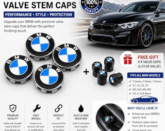 Puede incluir: Un juego de cuatro tapones de válvula BMW circulares con el logotipo azul y blanco, junto con cuatro tapones negros hexagonales. La imagen incluye texto que detalla la compatibilidad con varios modelos de BMW y las características de los tapones.