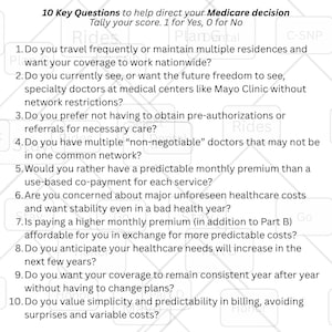 Puede incluir: Un cuestionario de guía de ruta de Medicare, con un título azul y 10 preguntas para ayudar con las decisiones de Medicare. Incluye instrucciones de puntuación e información de contacto. Solo con fines ilustrativos.