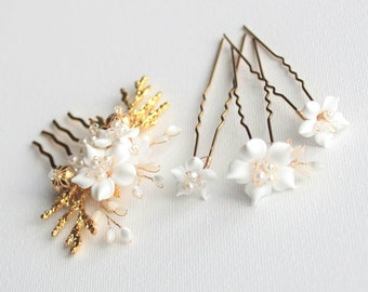 Bridal hair comb set, floral hair adornment, wedding hair comb, floral hair pins, pearl hair comb, pearl hair adornment