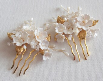 Set of 2 bridal hair combs, wedding hair combs, floral hair comb, pearl hair comb, crystal hair comb, brides gold hair combs