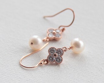 Dainty freshwater pearl earrings, rose gold pearl earrings