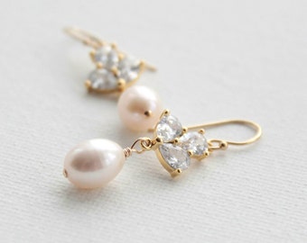 Boucles d'oreilles en perles d'eau douce pour la mariée, boucles d'oreilles en perles pour la mariée, boucles d'oreilles en or