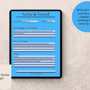 May include: A digital tablet displays a blue chapter review page with the title "Verse & Vessel." The page includes sections for scripture, key messages, applications, and prayer. A blue circle with text is in the upper right corner.