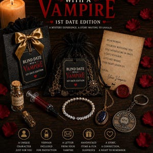 May include: A Blind Date with a Vampire 1st Date Edition gift set featuring a black gift bag with a gold bow, a black drawstring pouch, a letter, a small glass bottle of vervain, a syringe with red liquid, a pearl bracelet, and a keychain.