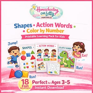 Puede incluir: Un paquete de aprendizaje imprimible para niños con ilustraciones coloridas. El paquete incluye hojas de trabajo para formas, palabras de acción y actividades de colorear por números. El texto incluye "Homeschooling con Letty Printables", "18 Fun Worksheets" y "Perfect for Ages 3-5".