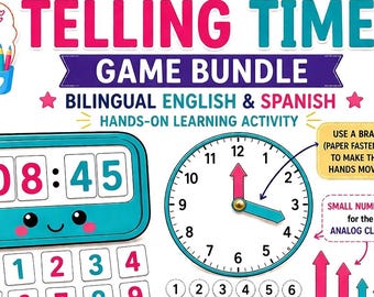 Telling Time Game for Kids | Bilingual English Spanish Learn the time | Clock Learning Activity | Printable PDF | Analog & Digital Time
