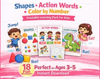 18 Printable Preschool Learning Worksheets Bundle, Shapes Activities, Action Words Practice, Dinosaur Color by Number, Kids Educational PDF