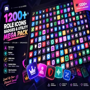 Op de afbeelding: Een digitale collectie van 1200+ Discord-roliconen, badges en utility-iconen weergegeven in een raster. De afbeelding bevat de tekst 1200+ ROLE ICONS BADGES & UTILITY MEGA PACK, met kleurrijke vierkante iconen met kronen, schilden, gereedschappen en symbolen.