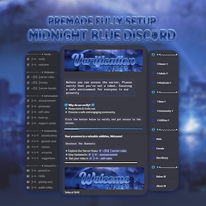 以下が含まれることがあります： 「Midnight Blue Discord」サーバー設定を宣伝するデジタルグラフィック。デザインは「検証」や「ようこそ」などのテキスト要素を備えた濃い青色のテーマです。サーバーのルール、お知らせ、ユーザーロールが含まれています。