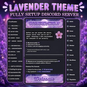 May include: A digital interface for a Discord server with a lavender color scheme. The layout features a verification panel, channel lists including welcome, rules, and announcements, and a role list. Text includes "LAVENDER THEME FULLY SETUP DISCORD SERVER" and "VERIFICATION".