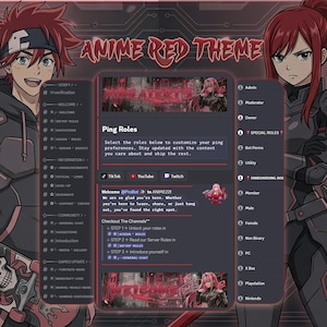 Puede incluir: Una interfaz digital con temática anime, en colores rojo y negro. La interfaz incluye texto como "ANIME RED THEME" y "Ping Roles". Personajes de anime a ambos lados de la interfaz.