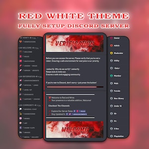 May include: A fully setup Discord server interface with a red and white theme. The interface includes sections for verification, welcome messages, rules, and server settings. The text includes "Welcome to Red and White" and "Explore Our Server Rules."