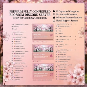 以下が含まれることがあります： ゲームとコミュニティ向けの、完全に構成されたBlossom Discordサーバーを宣伝するピンクと白のグラフィック。画像には、整理されたカテゴリ、厳選されたチャネル、高度な自動モデレーションなどの機能がリストされています。「Gender Roles」と「Verify Your Age Roles」というテキストが含まれています。