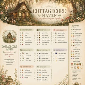 May include: A digital flyer titled COTTAGECORE HAVEN featuring a forest cottage illustration, a list of community channels like Welcome Meadow, The Cottage, and Garden Gallery, plus role descriptions, emoji vibes, and aesthetic notes on a cream background.