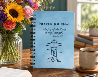 Christian Prayer Journal, Spiral Notebook with Lighthouse Design, Bible Verse Nehemiah 8:10