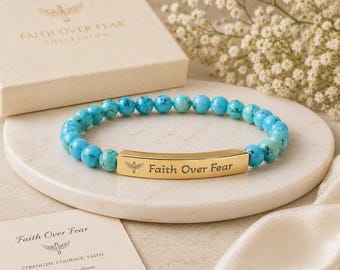 Christian Faith Over Fear Natural Stone Bracelet: Engraved Bar Stretch Beaded Christian Jewelry